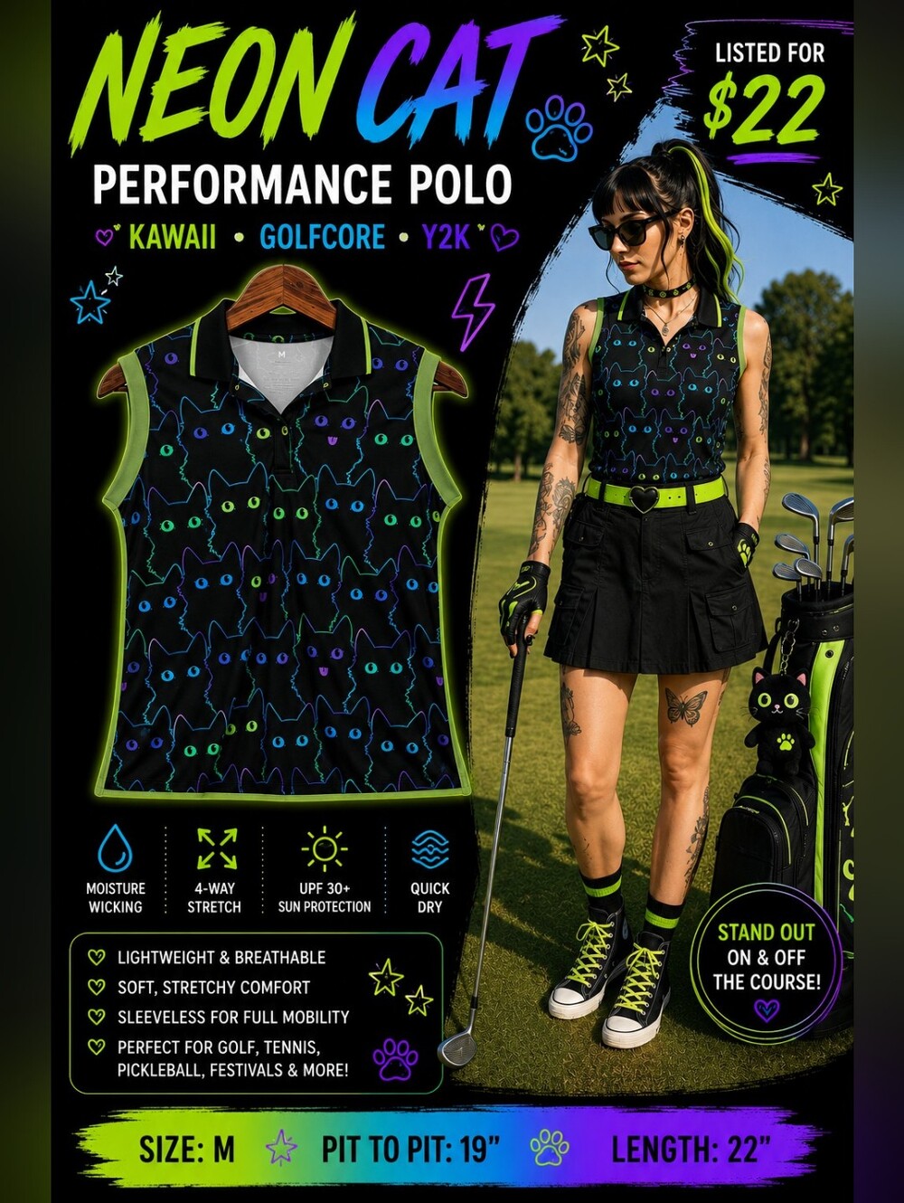 Neon Cat Black Golf Polo Tank Size M Y2K Kawaii Alt Quick Dry Stretch UPF Shirt